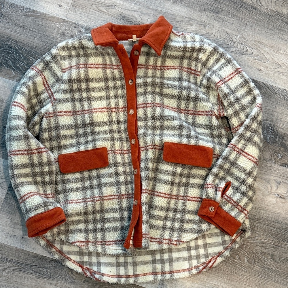 JODIFL Plaid Button-Up Jacket with Rust Accents sz l